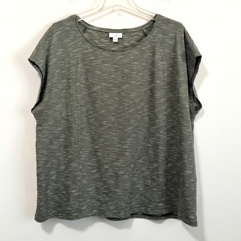 J Jill Elliptical Tee Knit Shirt XL Cap Sleeve Olive Green Stripe Pullover Comfy